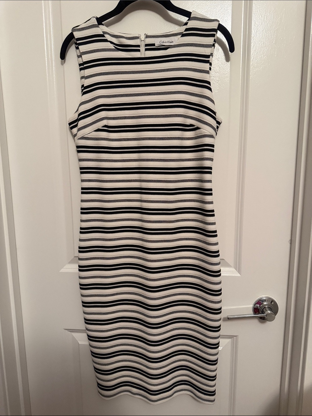 Calvin Klein Black and White Striped Sleeveless Sheath Dress